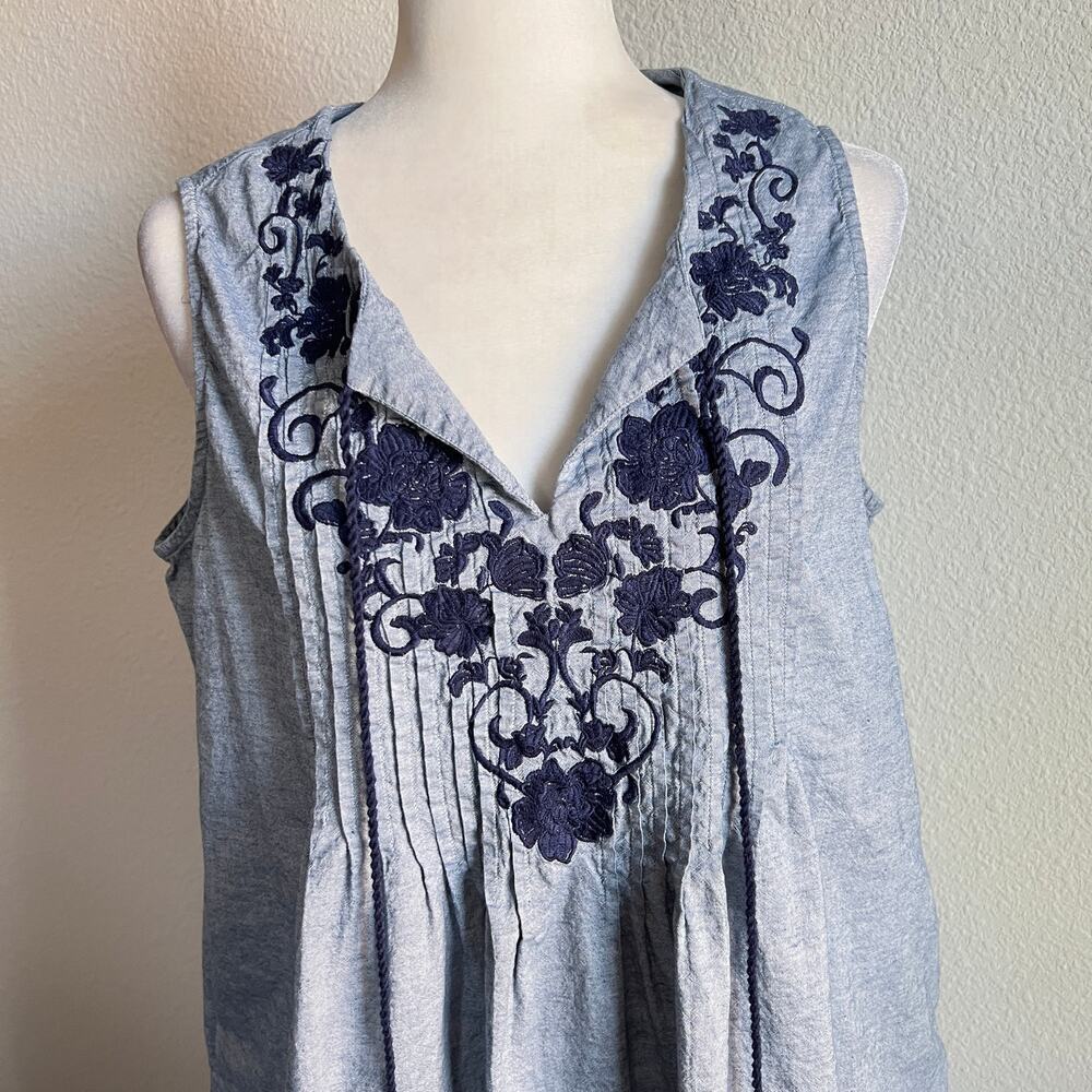 Roaman's Pintuck Embroidered Chambray Sun Dress Women's 16 Cotton Tasseled - Picture 2 of 7